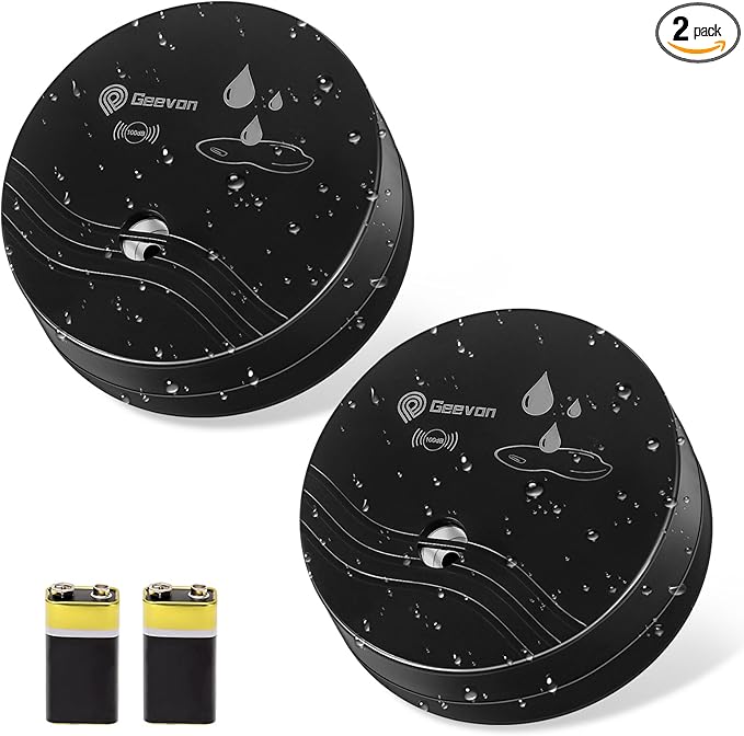 Geevon 2 Pack Water Leak Detectors, 100dB Water Sensor Alarms Flood Detector for Basements, Bathrooms, Laundry Rooms, Kitchens, Garages, and Attics, Water Alarms Battery-Operated (Battery Included)