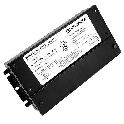 HitLights 120W Dimmable LED Driver, Electronic Transformer, 120V AC to 24V DC Power Supply for LED Strip Light, IP66 Rated, Dimming with TRIAC, 0-10V, 1-10V, Potentiometer, 10V PWM, UL Listed, Class 2