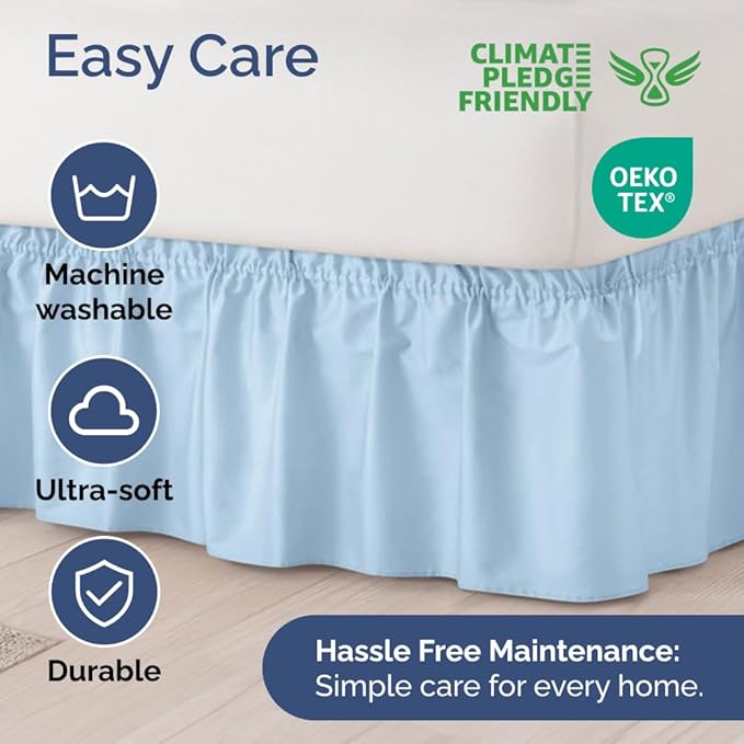 Wrap Around Dust Ruffle Bed Skirt - Light Blue - for Full Size Beds with 18 Inch Drop - Elastic Strap - Adjustable Pleated Bedskirt with Brushed Fabric and Wrinkle Free - for Women, Men, Kids & Teens