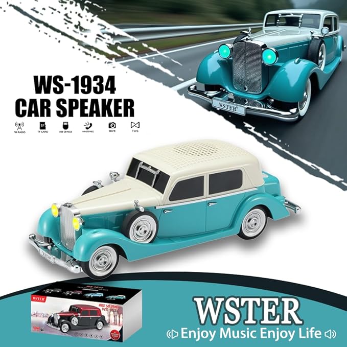 WS-1934 Retro Classic Car Bluetooth Replica Speaker – Wireless HD Sound with FM Radio,TWS Stereo,LED Party Lights,Built-in Microphone Hands-Free Call, Surprise Portable Gift for Party Use(Green)