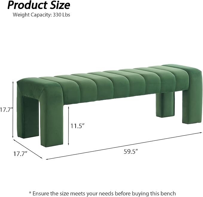 59" Velvet Bench for Bedroom King Size Bed Window End of Bed, Olive Green | - Image 2