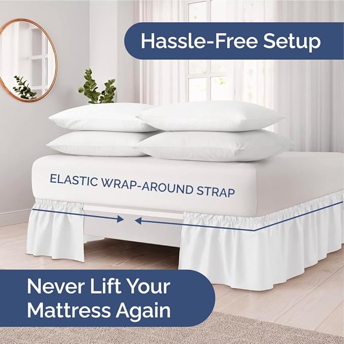 Wrap Around Dust Ruffle Bed Skirt - White - for Full Size Beds w/ 16 Inch Drop - Easy Fit Elastic Strap - Adjustable Pleated Bedskirt w/Brushed Fabric, Wrinkle & Fade Free Women, Men, Kids & Teens