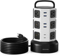 Power Strip Tower Surge Protector, JACKYLED 1625W 13A Outlet Surge Electric Tower, 12 Outlets 6 USB Ports Charging Station with 16AWG 15ft Heavy Duty Extension Cord for Home Office Dorm