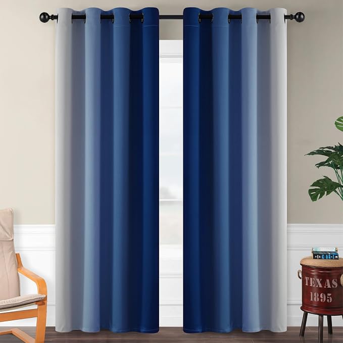 SimpleHome Ombre Royal Blue to Grey White Curtains - Image 2
