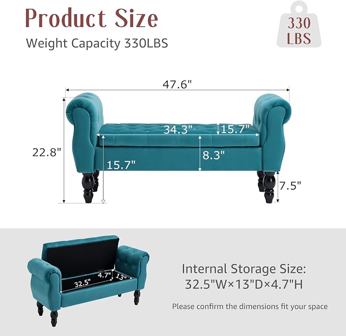 47.6" Storage Bench for End of Bed Bedroom, Velvet Ottoman Bench - Image 2
