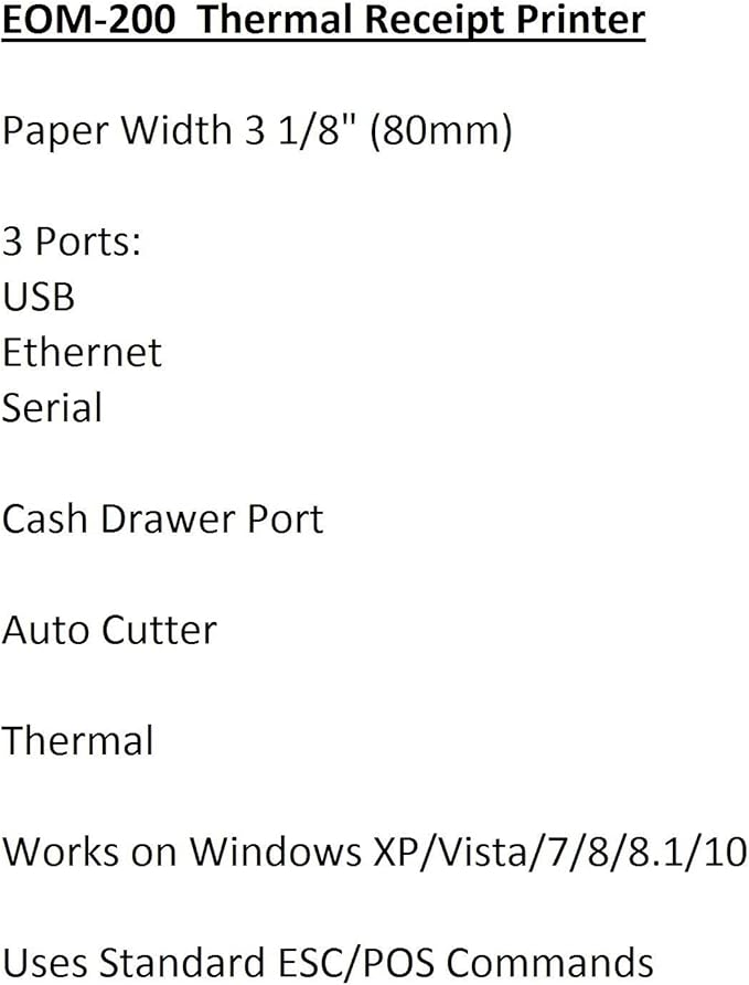 EOM-POS Thermal Receipt Printer - USB, Ethernet/LAN, & Serial Ports - Auto Cutter- Cash Drawer Port - Paper Width 3 1/8" (80mm) - for Windows Systems Only