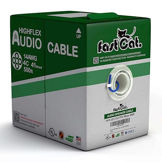 fast Cat. Speaker Wire 14 Guage 4C, UL Listed & CMR/CL3R-FT4 Rated - Speaker Cable w/PVC Jacket, 100% Oxygen-Free Pure Bare Copper - (41) MidFlex 14 Guage Wire - in-Wall Use-500ft Bulk Cable, Blue