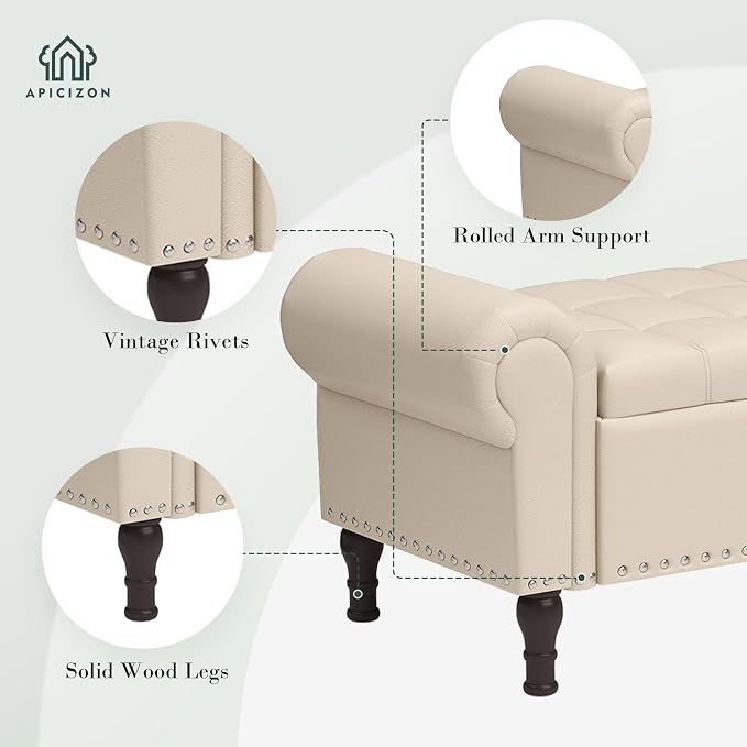 Apicizon 51” Bench with Storage, Faux Leather Ottoman Bench with Rolled Arm & - Image 5
