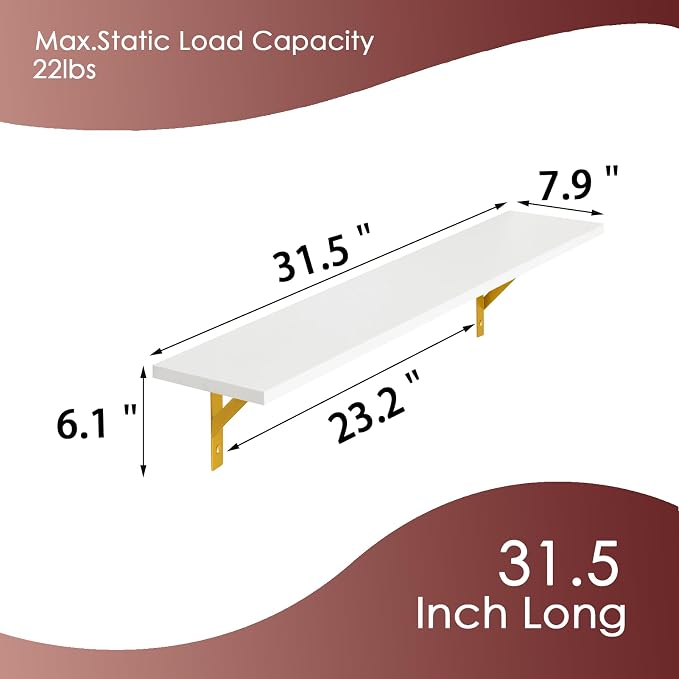 Long Wall Shelves, 31.5Inch Wooden Wall Mounted Shelves, Metal Brackets - Image 3