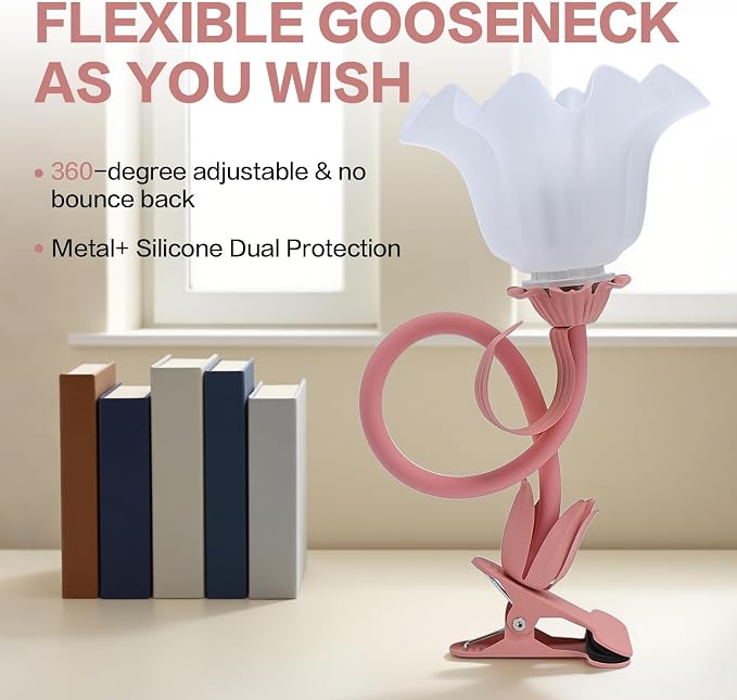 Clip On Light and Flower Bedside Table Lamp, Flexible Gooseneck Reading Book - Image 5