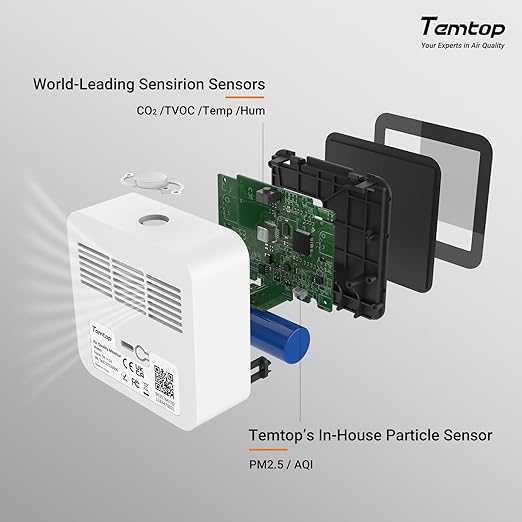 Temtop M10+ Indoor Air Quality Monitor, CO2 Monitor for Home, 6-in-1 PM2.5 & VOC Detector, E-Ink Display, 60-Day Battery, App-Connected Temperature & Humidity Sensor
