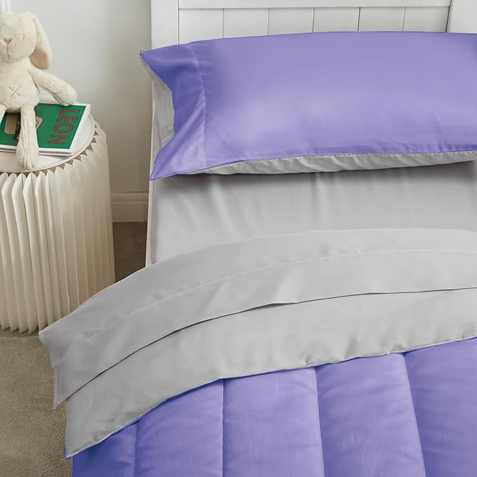 UOZZI BEDDING 4 Pieces Toddler Bedding Set Ultra Soft and Breathable Toddler Sheet Set - Includes Comforter, Flat Sheet, Fitted Sheet and Pillowcase - Purple & Gray
