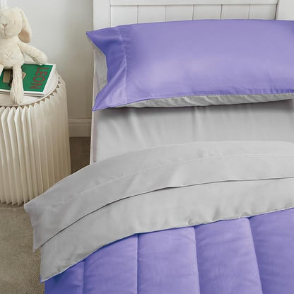 UOZZI BEDDING 4 Pieces Toddler Bedding Set Ultra Soft and Breathable Toddler Sheet Set - Includes Comforter, Flat Sheet, Fitted Sheet and Pillowcase - Purple & Gray