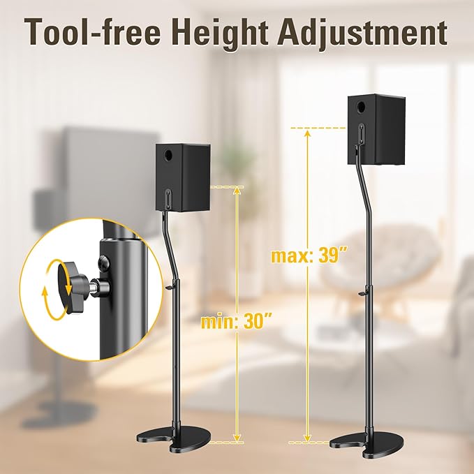 Mounting Dream Speaker Stands Pair, Max 39" Height Adjustable, Heavy Duty Base, 11 lbs Capacity Each, Set of 2 Universal Floor Stands