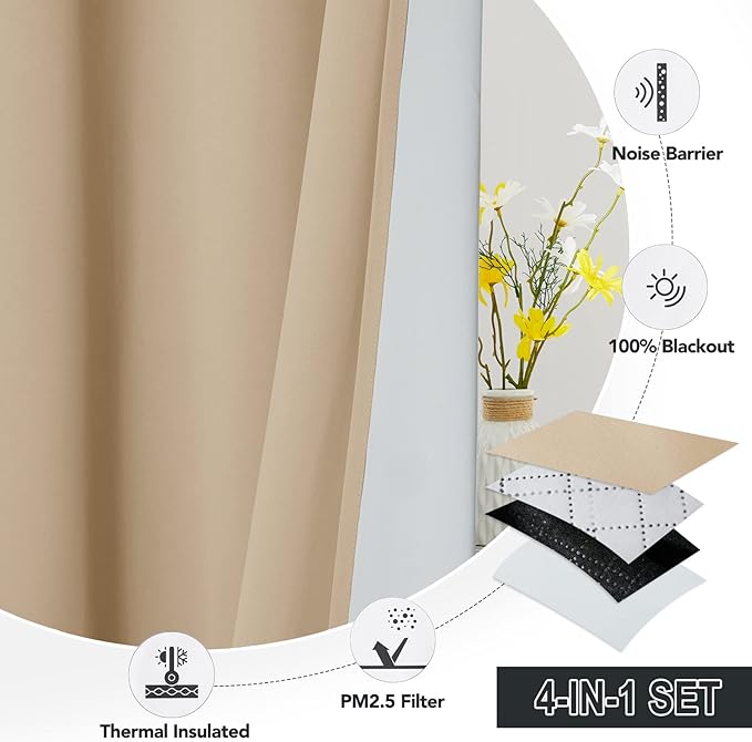 RYB HOME 4-in-1 Dust Filtering Curtains, Mountain Fires Smog Filter Drapes with Melt-Blown Fabric Noise Reducing Window Curtains for Nursery Bedroom, W52 x L84 inch, Biscotti Beige?2 Panels