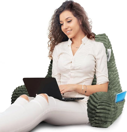 Nestl Reading Pillow with Shredded Memory Foam, Luxe Cut Plush Back Pillow for Sitting Up in Bed, Back and Arms Adjustable Support for Adult & Teens, Backrest Pillows with Washable Cover Olive Green