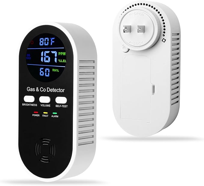 5-in-1 Carbon Monoxide Detector & Natural Gas Leak Alarm,AC-Plug-in CO Alarm & Explosive Gas Detector Battery Backup with Temperature(°F) & Humidity,Three Levels Volume & Brightness for Home,RV,Hotel