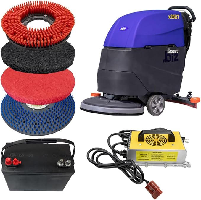 USA-CLEAN X20BT Traction Driven Auto Scrubber Machine Bundle - 20" Cleaning Path, Walk-Behind, Battery-Powered - Includes Pad Driver and Cleaning Pads