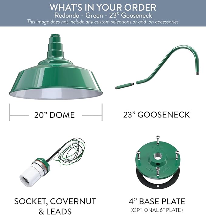 Steel Lighting Co. Large Outdoor Barn Light | Gooseneck Light Fixture | Made in America from 18-Gauge Steel | 20" Dome | 23" Gooseneck Green Exterior/White Interior