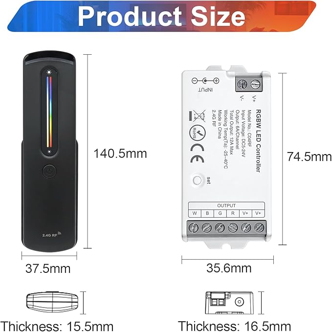 2.4GHz RF RGBW LED Strip Controller Remote Kit, Wireless Remote & Tuya Controller Dimmer with Group Control Adjust Brightness/Color Touch Slide for PWM 5Pin COB LED Strip Light DC5V DC12V DC24V
