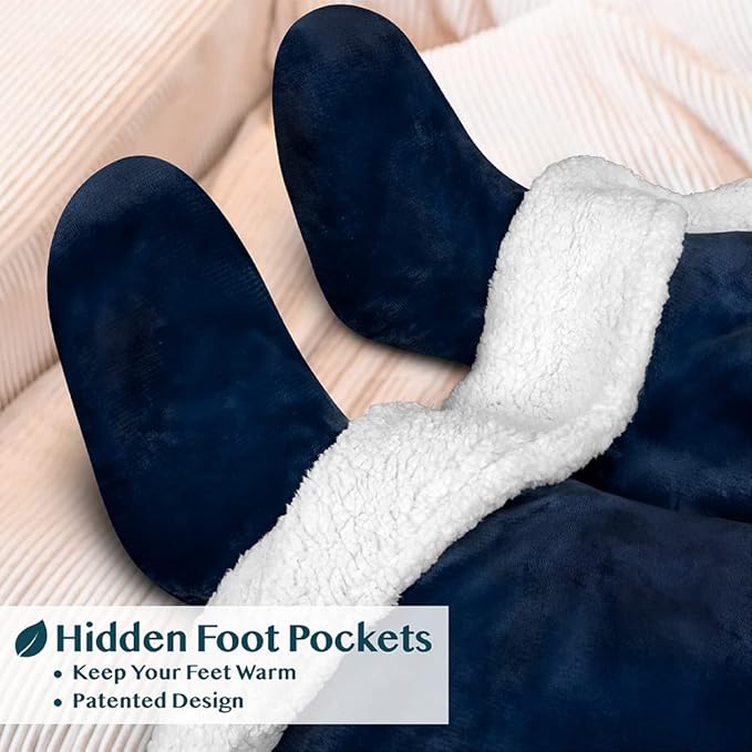 PAVILIA Sherpa Blanket with Sleeves, Foot Pocket for Women Men Adults, Thick Wearable Blanket Throw Wrap, Fleece Warm Snuggle Blanket Robe, Cozy Gift Ideas Wife Mom, Navy Blue