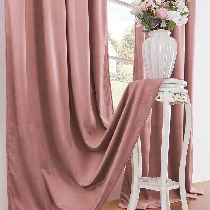 Timeper Wild Rose Pink Velvet Curtains 96 inches 2 Panels, Light Blocking - Image 6