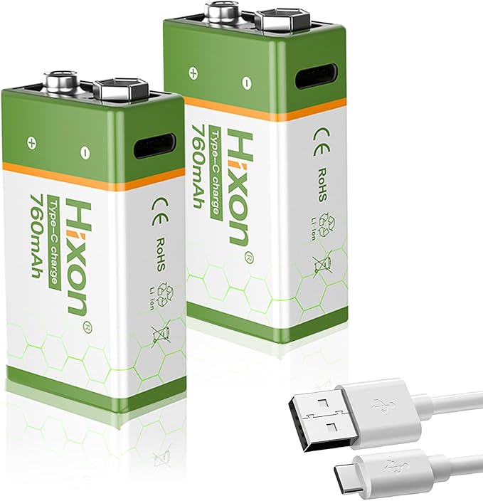 Hixon USB 9V Rechargeable Lithium Batteries - Long-Lasting 760mAh 9 Volt LI-ion Batteries with Type C Charging Cable - for Alarms Wireless Microphones Smoke Detectors Toys - 2 Pack