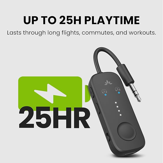 Avantree Relay - Premium Airplane Bluetooth Adapter with Advanced Qualcomm Chipset, 2 Headphones Support, 25hrs Play Time, aptX Adaptive & HD Audio Transmitter for Airpods, Bose & Travel Flight