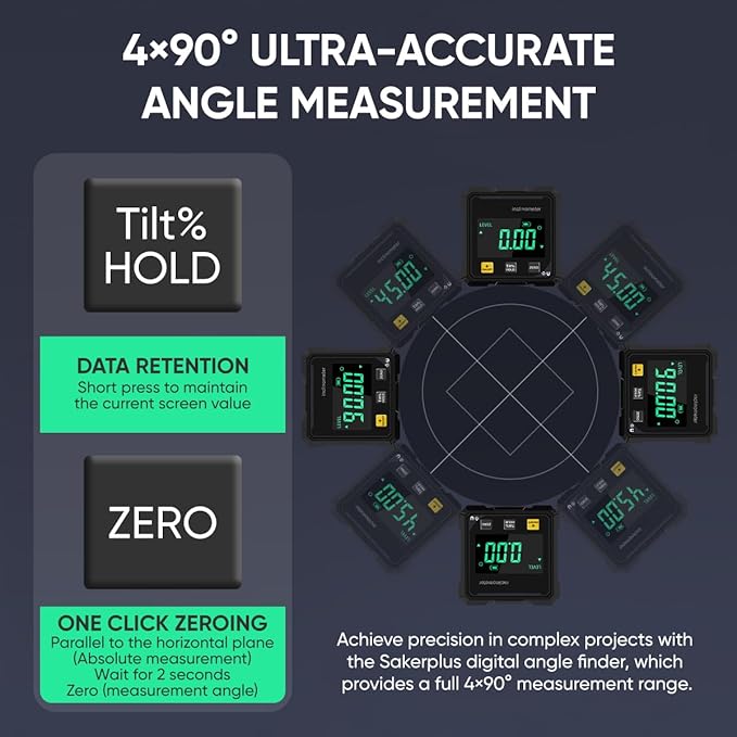 Saker Digital Angle Finder Protractor Tool,Precision Angle Measuring Tool, 360° Digital Protractor with Magnetic Back, High-Visibility LCD Screen for Woodworking, Metalworking & Masonry (1 pack)