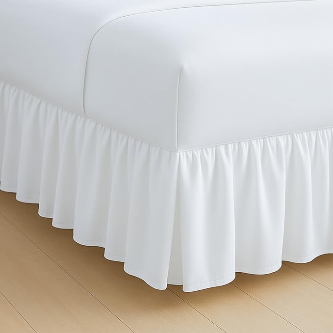 Rajlinen Ruffled Bed Skirt Full XL, 24 Inch Drop Dust Ruffle with Split Corners, 100% Microfiber Bedskirt with Platform, Three-Sided Coverage Ruffled Gathering Design, White