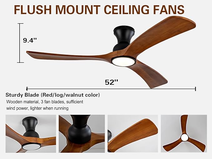 52 Inch Ceiling Fans with Lights and Remote Control, Flush Mount Low Profile Ceiling Fan, 6 Speeds DC Reversible Motor Timing Dimmable Ceiling Light,Outdoor Fan for Bedroom Patio Porch Garage