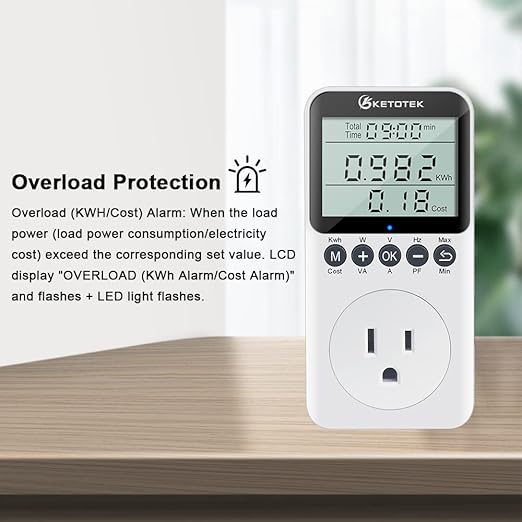 KETOTEK Watt Meter Plug-in Socket Power Meter, Kilowatt Wattage Voltage Tester, Home Electricity Usage Monitor with Overload Protection, LCD Display Energy Voltage Amps Power Consumption Monitor