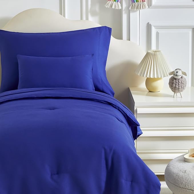 Toddler Bedding Set - 5 Piece Soft and Breathable Toddler Bed Set for Boys and Girls, Includes Quilted Comforter, Fitted Sheet, Flat Top Sheet, Standard Pillowcase and Toddler Pillowcase, Navy