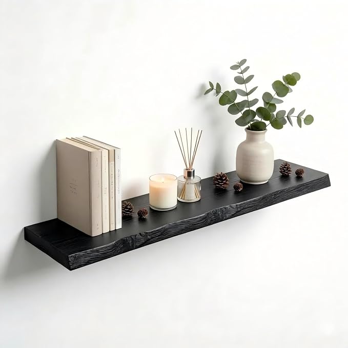 Black Live Edge Floating Shelf, 48-Inch Solid Elm Wood | Easy Installation by Unknown