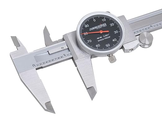 Accusize Industrial Tools 0-6" x 0.001" (Range x Resolution) Dial Caliper, Black Face Red Needle, Stainless Steel in Fitted Box, P920-B216