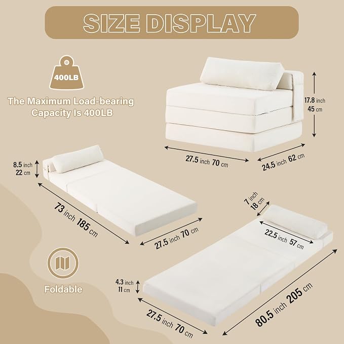Folding Sofa Bed Chair, 4-Fold Convertible Sleeper Chair - Image 2