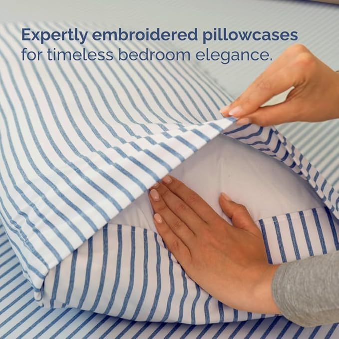 Split Head King Sheet Set – 4 Piece Flex Split Top King Sheets for Adjustable Beds - Fits 14” to 16" Mattress w/ Deep Pockets - Breathable & Cooling - Luxury Bedding and Wrinkle Free - Blue Stripes 3