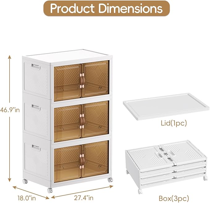 JEKO&JEKO 800Qt Foldable Stackable Storage Boxes with Lids and Wheels, Stackable Plastic Storage Bins for Home, White, 6Pack
