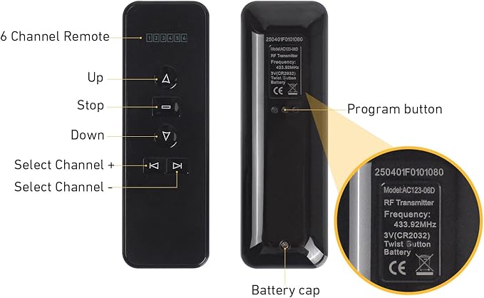 Rollerhouse AC123-06 RF433.92MHz Transmitter, 6 Channel Hand-Held Controller for Electric Blinds, Shades, Curtains, and Awnings - Black