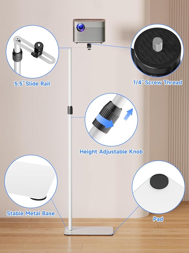 suptek 63.9” Extendable Projector Stand Against Wall Hidden Stand, 360°Swivel, Height Adjustable, Mini Projector Mount Bracket, Compatible with Home Office Video Vlog DVR Camera, PR001FPLW