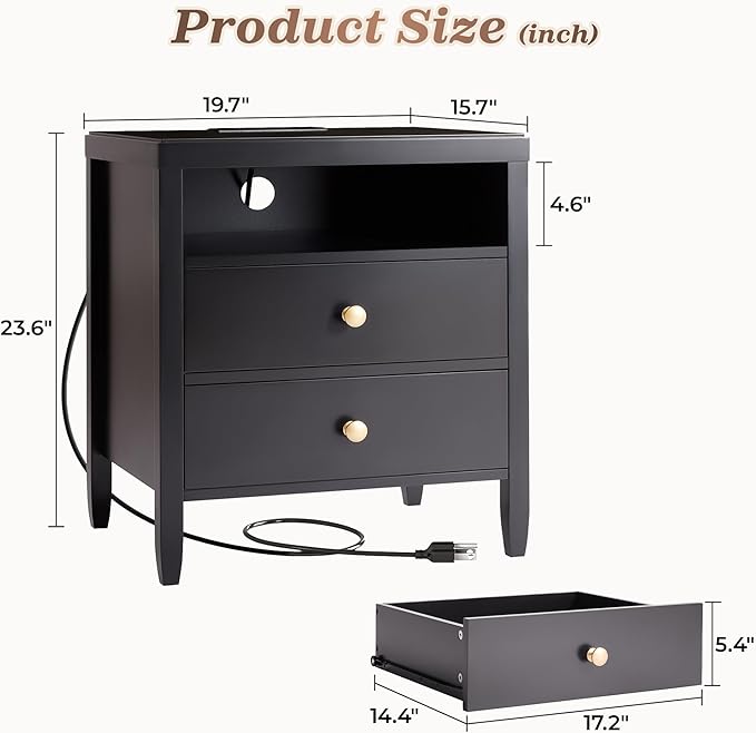 Huuger Nightstand with Charging Station, Bedside Table with Storage, Modern - Image 2
