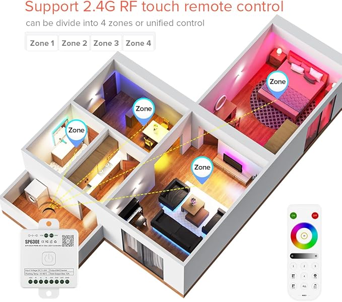 BTF-LIGHTING SP630E Bluetooth Controllers 4 Zones 2.4GHz RF RB3 Remote Kit Support FCOB COB SMD PWM or SPI RGB RGBW LED Strip WS2811 WS2812B WS2814 WS2815 SK6812 IC etc DC5V DC12V DC24V