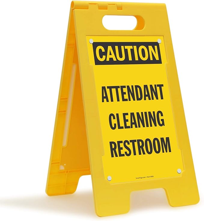 SmartSign 25 x 12 inch “Caution - Attendant Cleaning Restroom” Two-Sided Folding Floor Sign with Falling Symbol, Portable and Lightweight A-Frame, Easy Grip Handle, Plastic, Black and Yellow