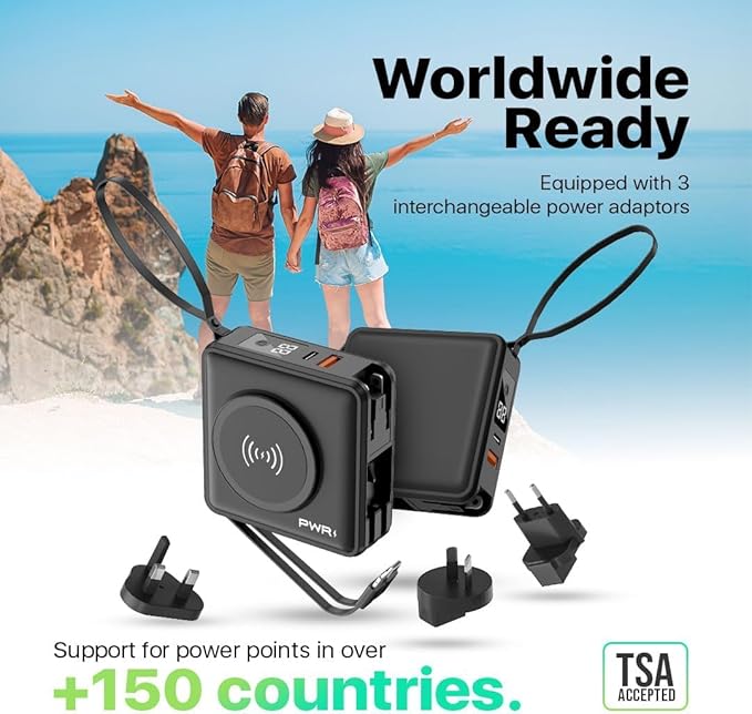 PWRMobile PWR Travel PRO 5-in-1 Power Bank – 10,000mAh with Built-in Cables – 20W USB-C + 15W Wireless Charging – Compact Portable Charger for iPhone & Android- Black