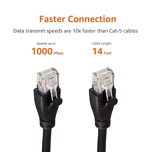 Amazon Basics RJ45 Cat 6 Ethernet Patch Cable, 1Gpbs Transfer Speed, Gold-Plated Connectors, 14 Foot for PC, TV, Tablet, Router, Printer, Black