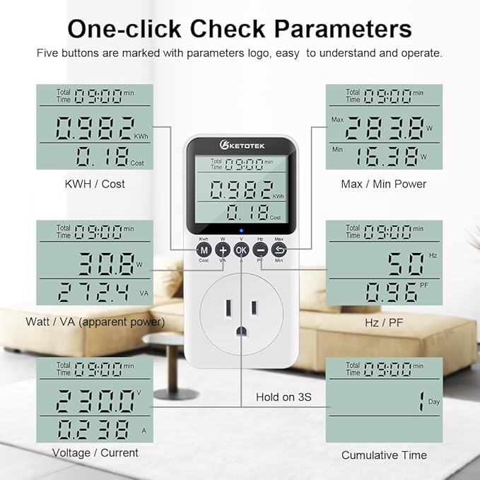 KETOTEK Watt Meter Power Meter Plug Electricity Usage Monitor for Home, Energy Monitor with LCD Display, Kilowatt Meter Socket Outlet, Voltage Amps Power Consumption Meter, Overload Protection