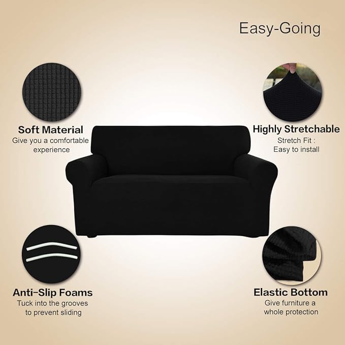 Easy-Going Stretch Sofa Slipcover 1-Piece Sofa Cover Furniture Protector Couch Soft with Elastic Bottom for Kids, Polyester Spandex Jacquard Fabric Small Checks (Sofa, Black)