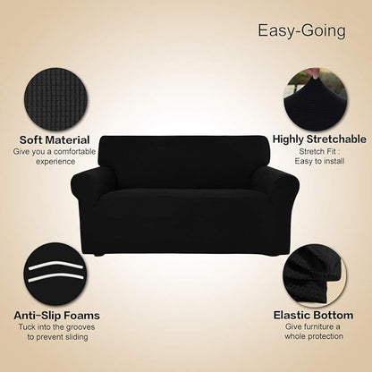 Easy-Going Stretch Sofa Slipcover 1-Piece Sofa Cover Furniture Protector Couch Soft with Elastic Bottom for Kids, Polyester Spandex Jacquard Fabric Small Checks (Sofa, Black)