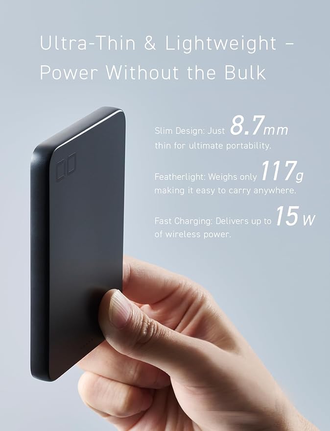 CIO Qi2 Magsafe Charger, 5000mAh Ultra-Slim Magnetic Wireless Charger iPhone, Magsafe Battery Pack, 15W Wireless + 20W USB-C PD iPhone Magnetic Fast SMARTCOBY Slim 5K (Black, Safety Model)
