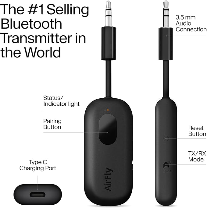 Twelve South AirFly Pro Bluetooth Wireless Audio Transmitter/Receiver for up to 2 AirPods/Wireless Headphones; Use with Any 3.5 mm Audio Jack, Black